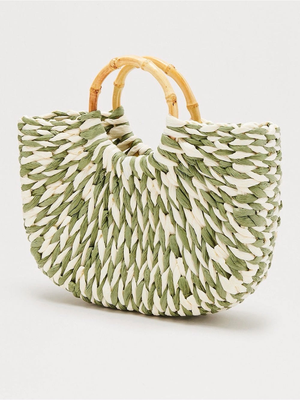 Fashion Nova Green and White Braided Straw Tote with Bamboo Handles - Picture 2 of 2